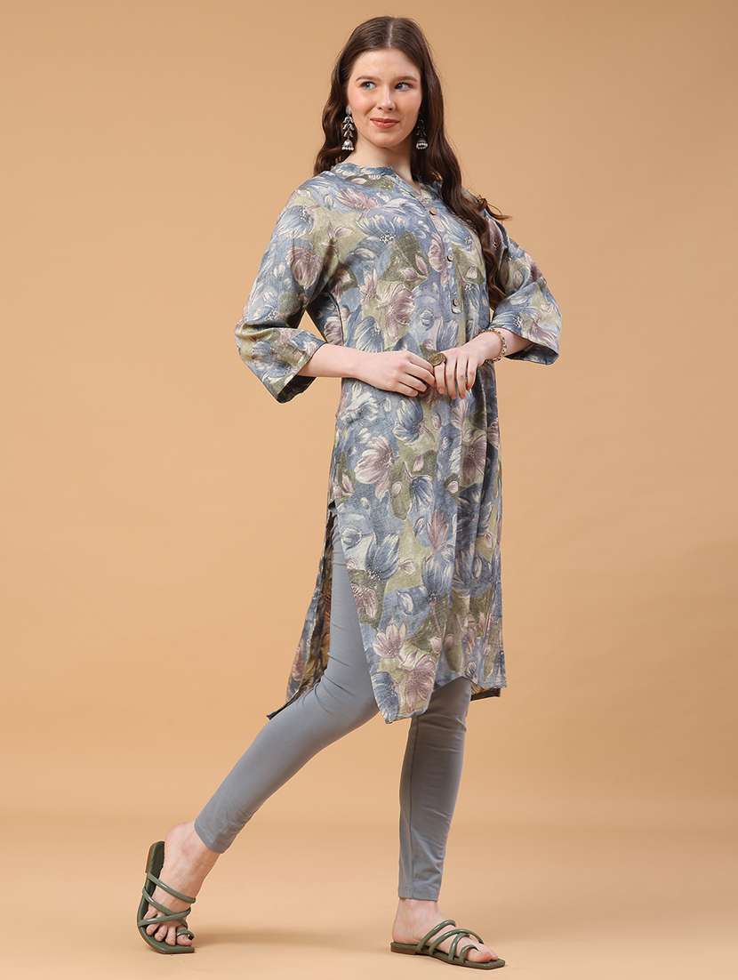 women floral three quarter sleeve straight kurta - 22249465 -  Standard Image - 4