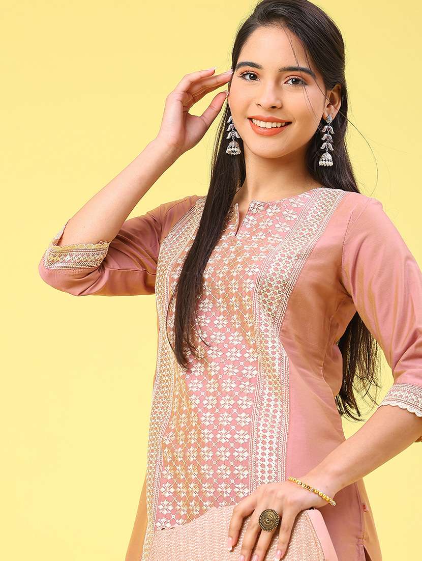 women solid with work three quarter sleeve straight kurta - 22249477 -  Standard Image - 1