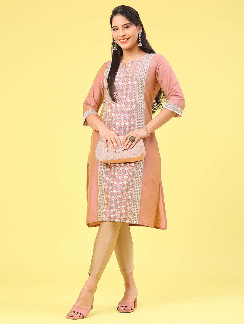 women solid with work three quarter sleeve straight kurta - 22249477 -  Standard Image - 4