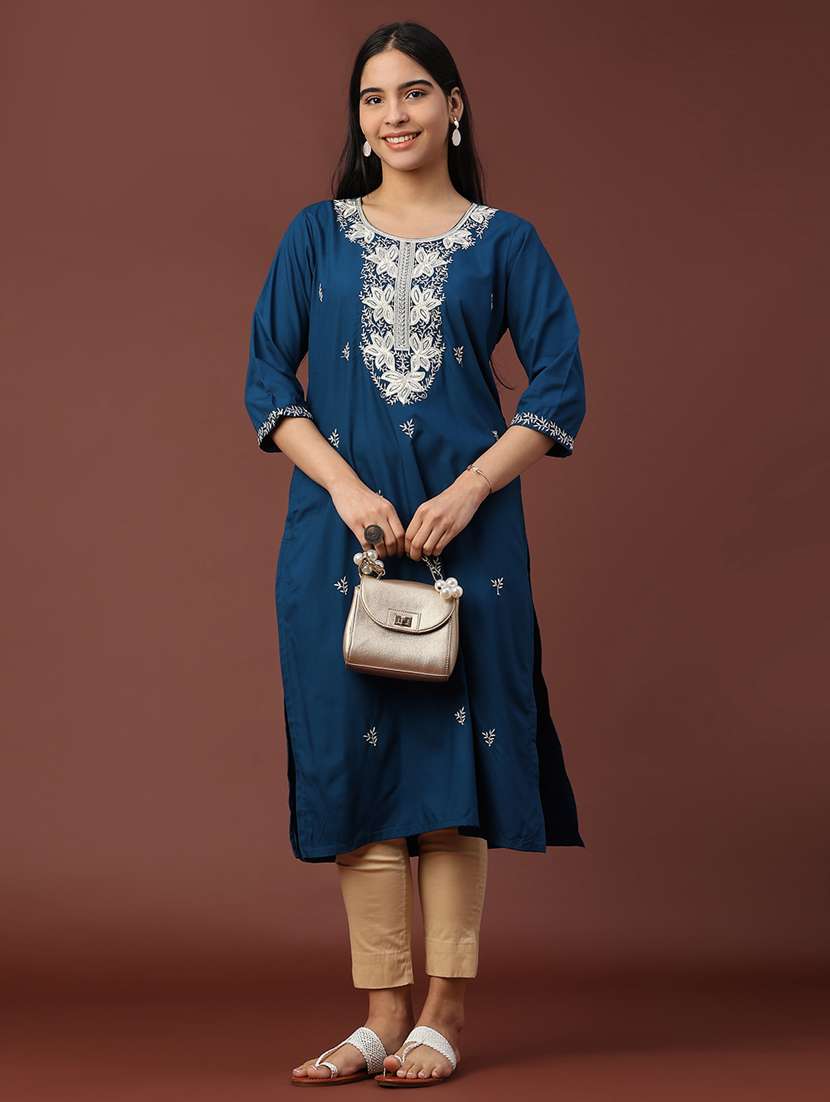 women solid with work three quarter sleeve straight kurta