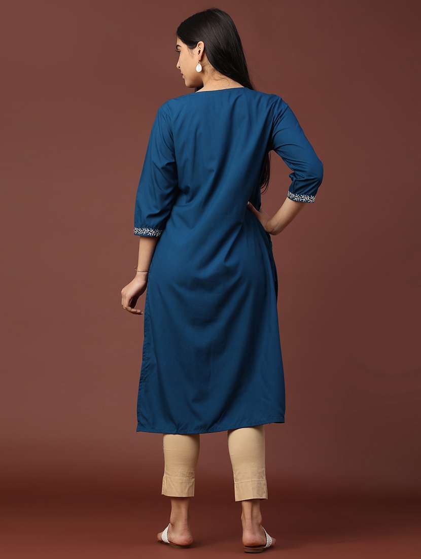 women solid with work three quarter sleeve straight kurta - 22249508 -  Standard Image - 4