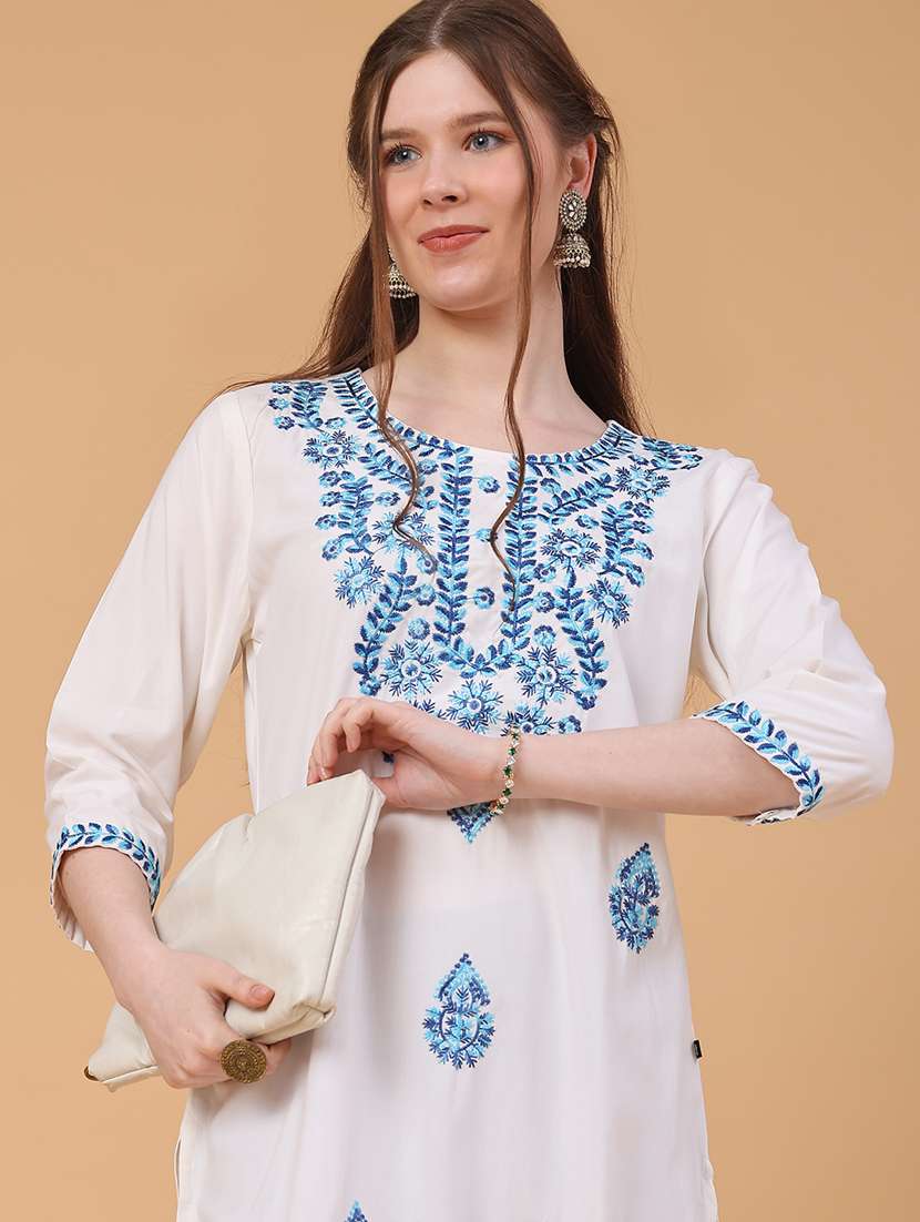 women solid with work three quarter sleeve straight kurta - 22249509 -  Standard Image - 1
