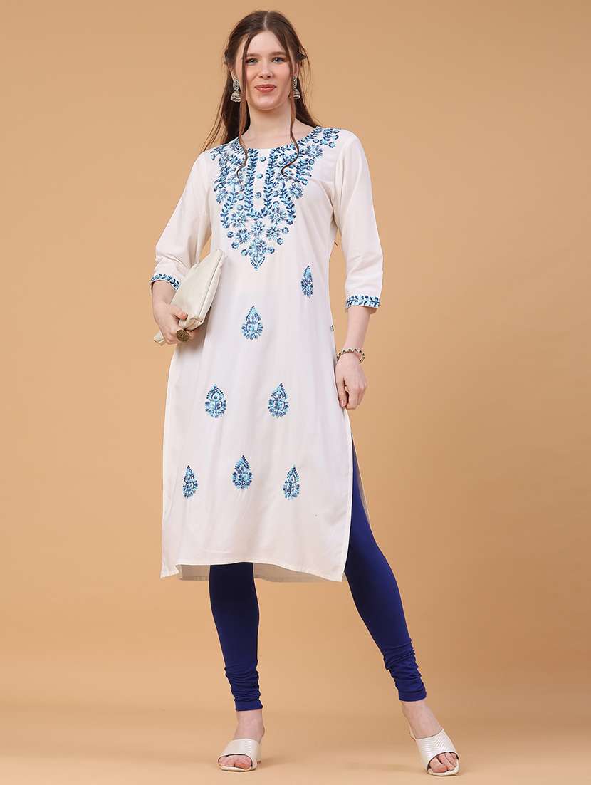 women solid with work three quarter sleeve straight kurta - 22249509 -  Standard Image - 4