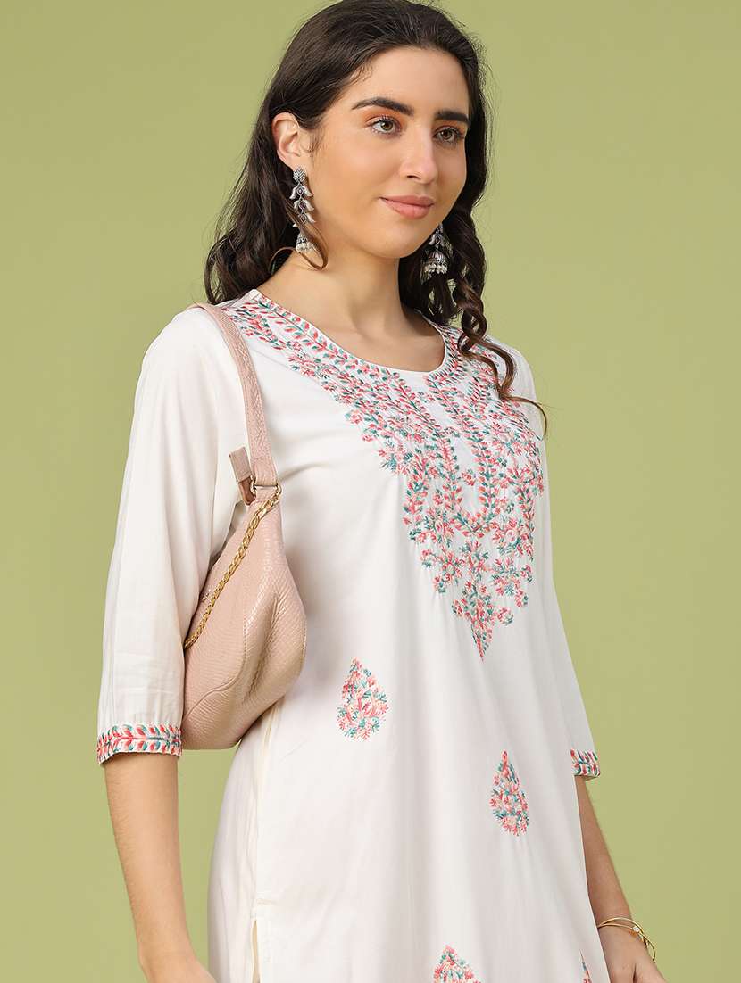 women solid with work three quarter sleeve straight kurta - 22249512 -  Standard Image - 1