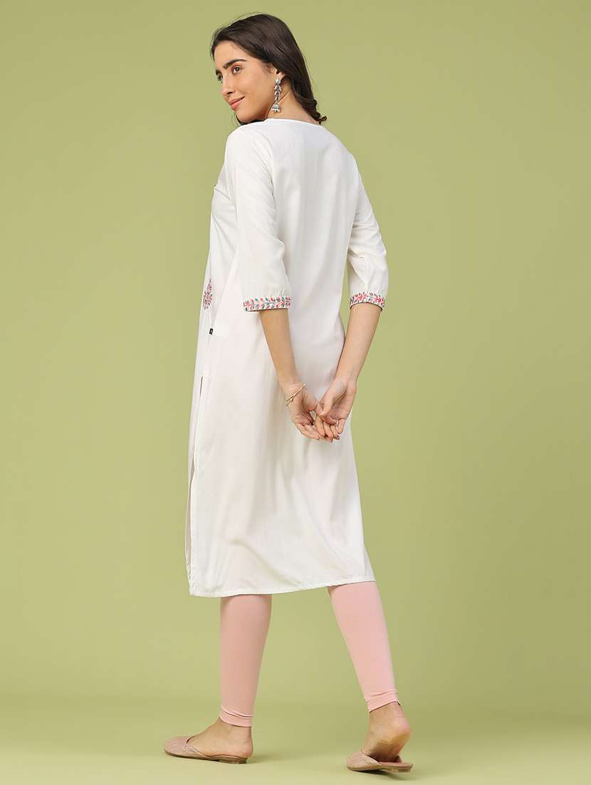 women solid with work three quarter sleeve straight kurta - 22249512 -  Standard Image - 4