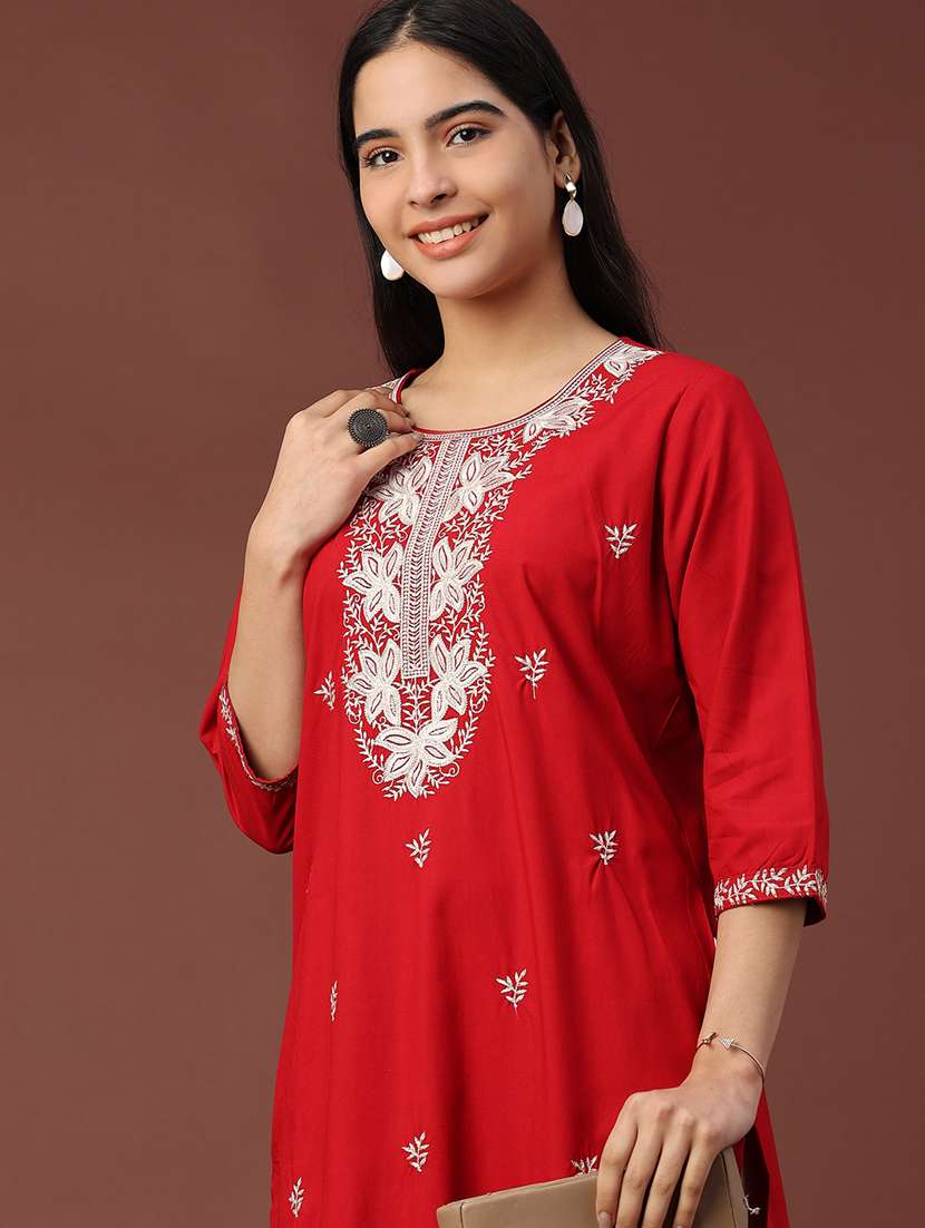 women solid with work three quarter sleeve straight kurta - 22249514 -  Standard Image - 1