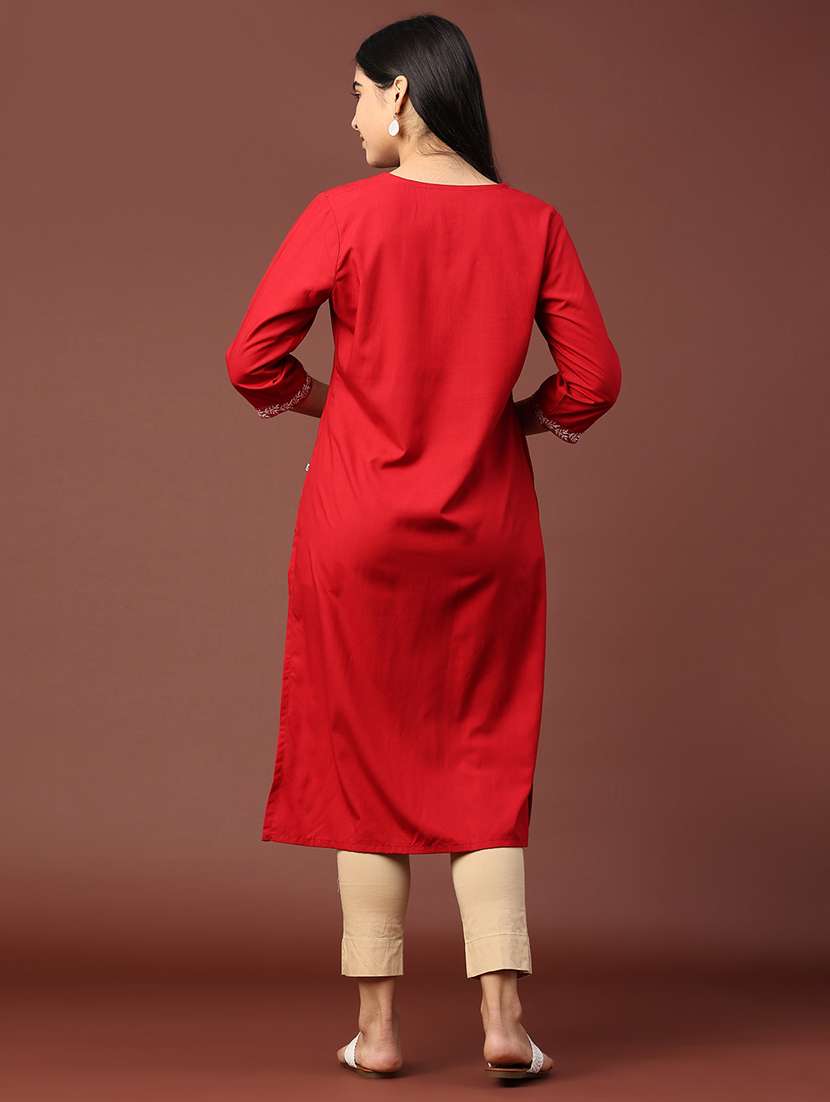 women solid with work three quarter sleeve straight kurta - 22249514 -  Standard Image - 4
