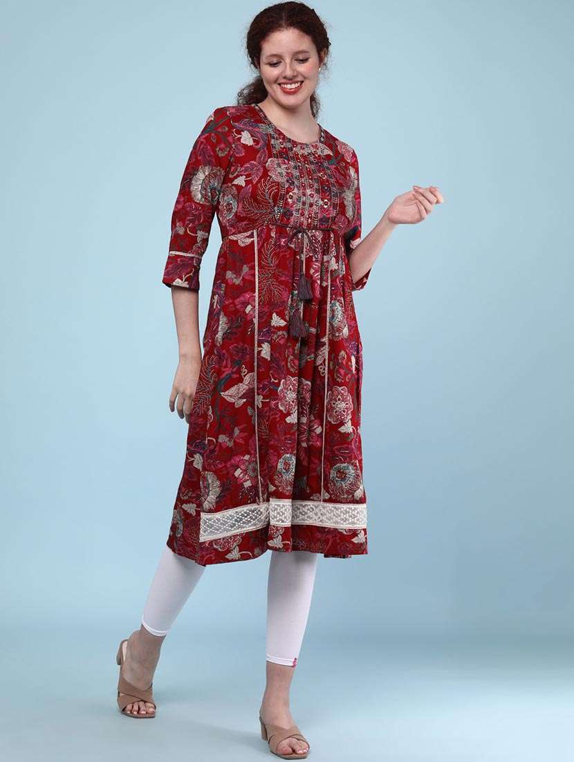 women floral three quarter sleeve a-line kurta  - 22250077 -  Standard Image - 4