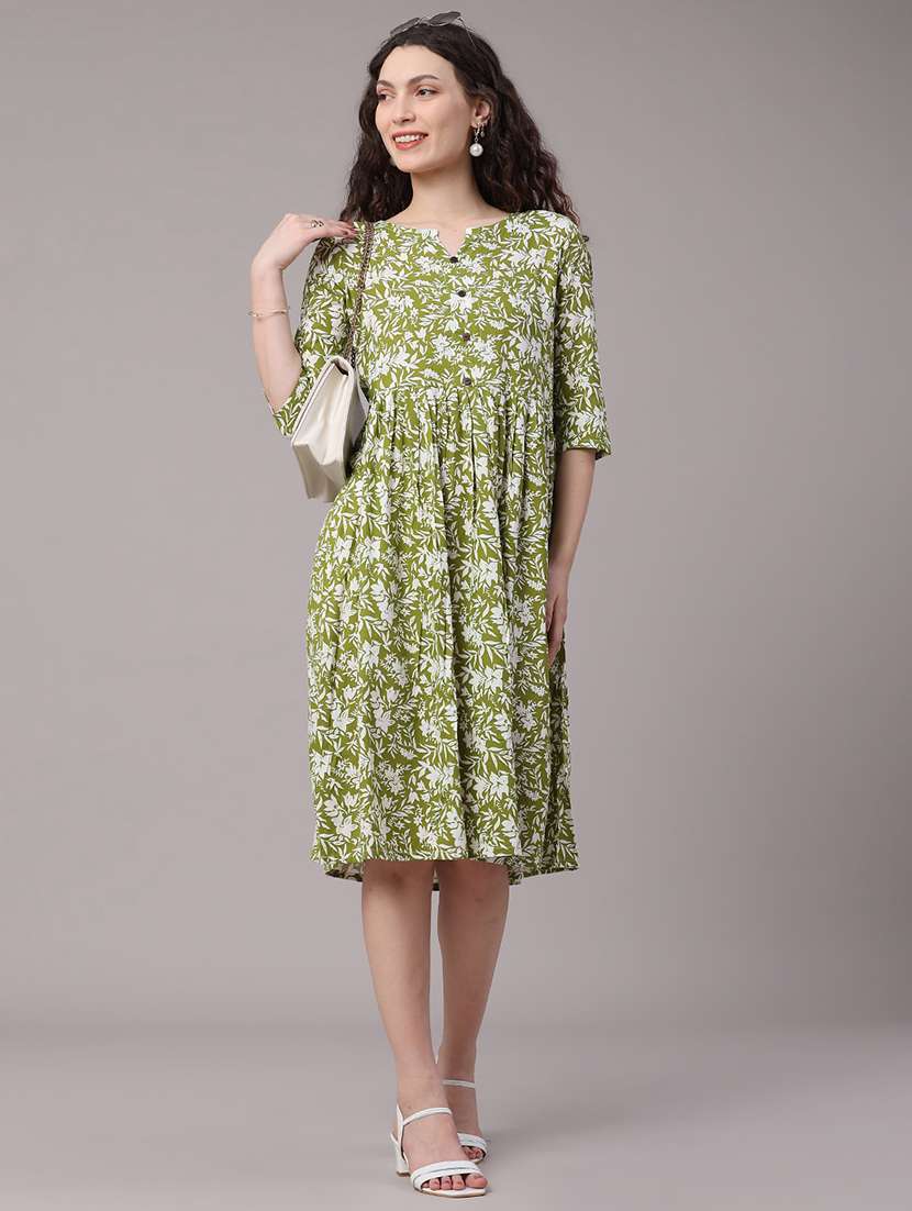 women printed three quarter sleeves a-line dress
