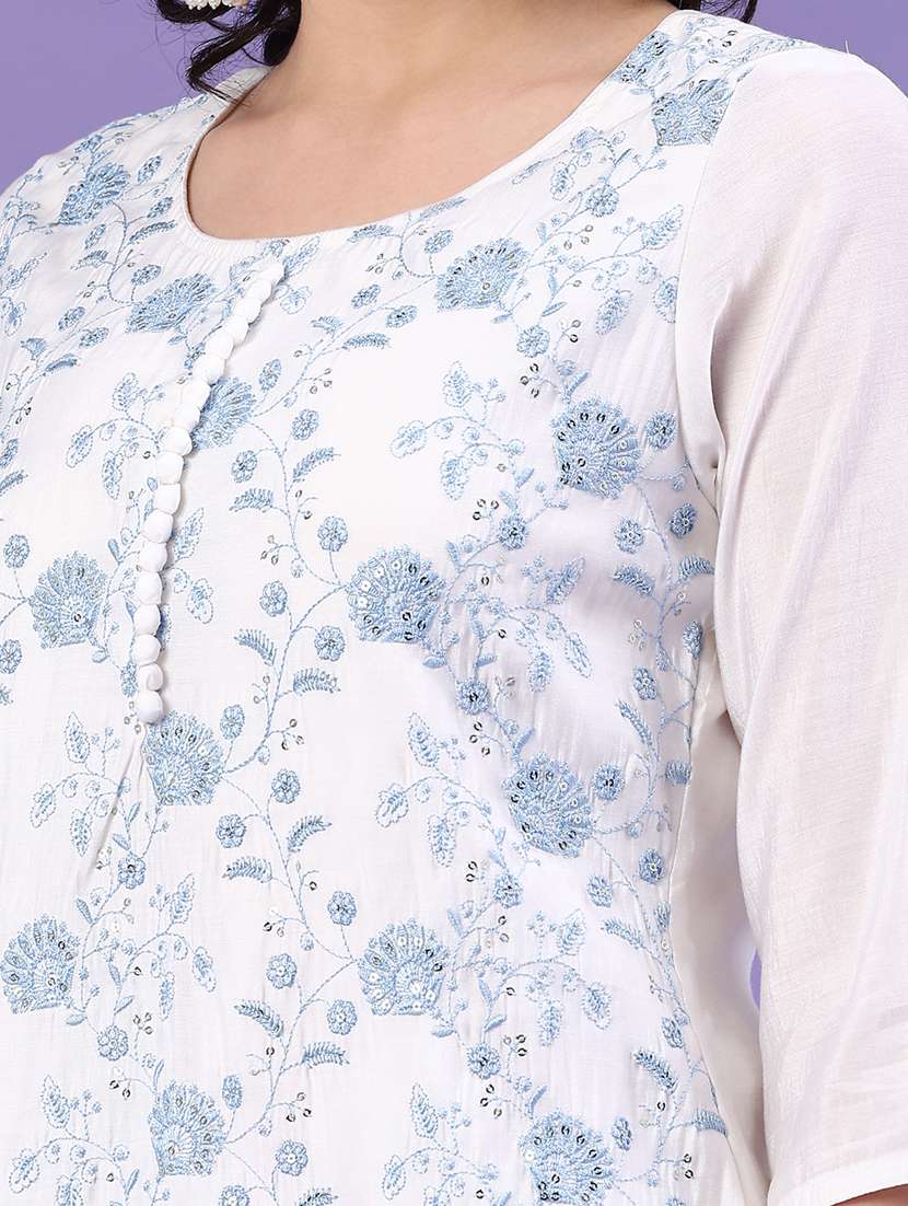 women solid with work three quarter sleeve kurta pant with dupatta set - 22250129 -  Standard Image - 1