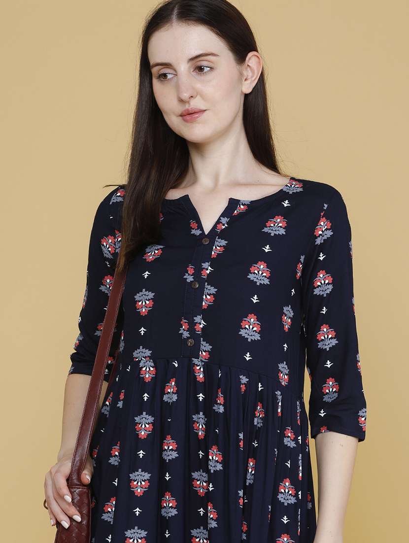 women printed three quarter sleeves a-line dresss - 22250458 -  Standard Image - 1
