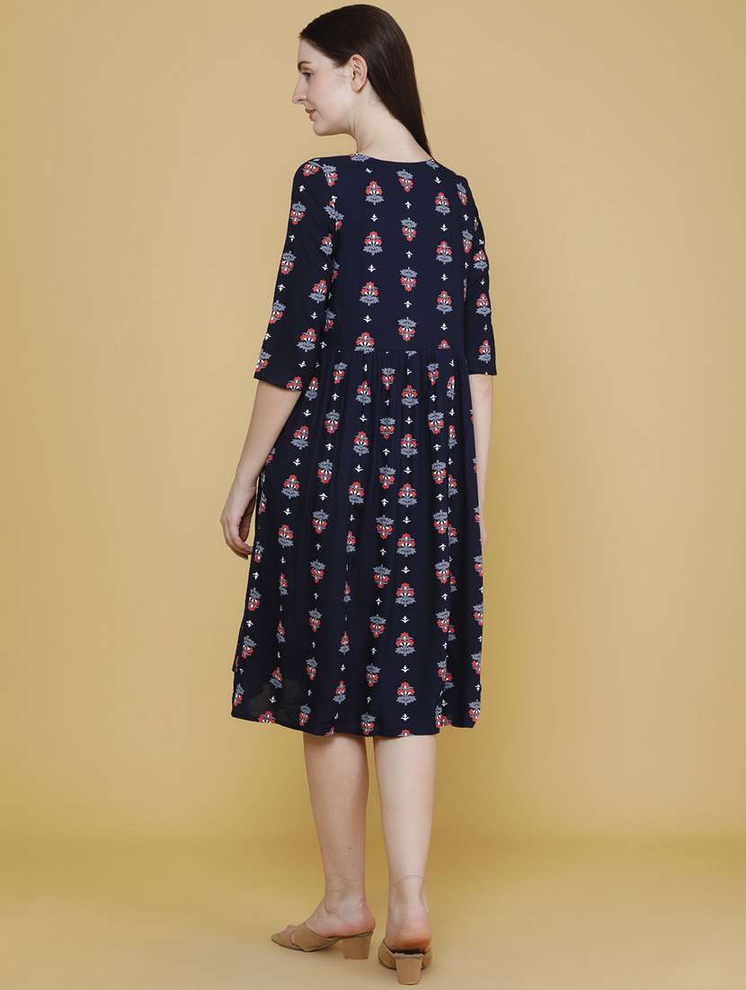 women printed three quarter sleeves a-line dresss - 22250458 -  Standard Image - 4