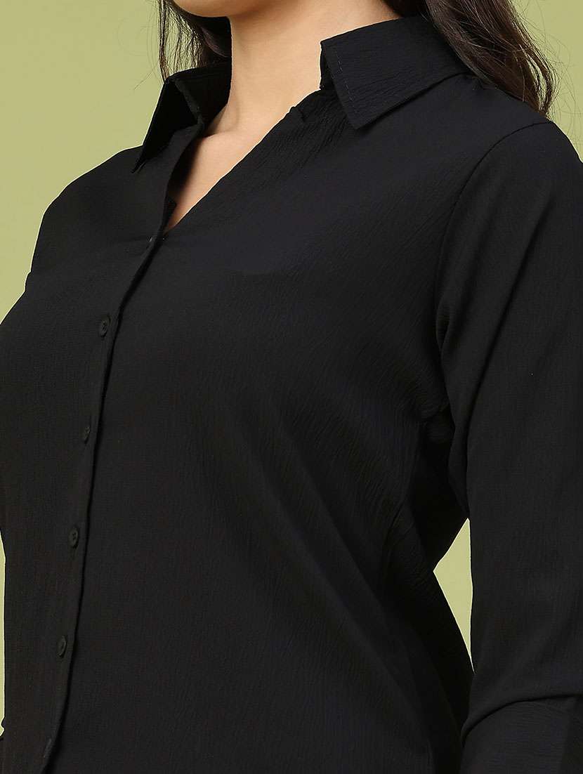 women solid collared three quarter sleeve shirt - 22250586 -  Standard Image - 1