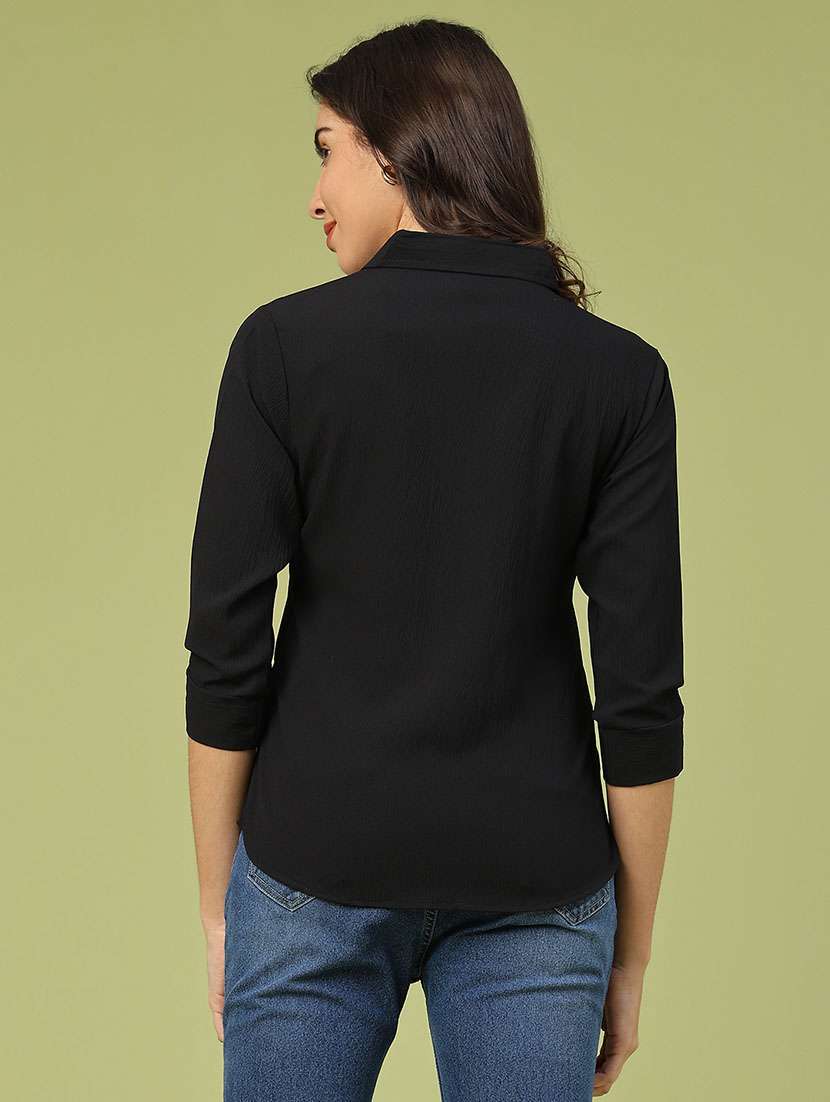 women solid collared three quarter sleeve shirt - 22250586 -  Standard Image - 4