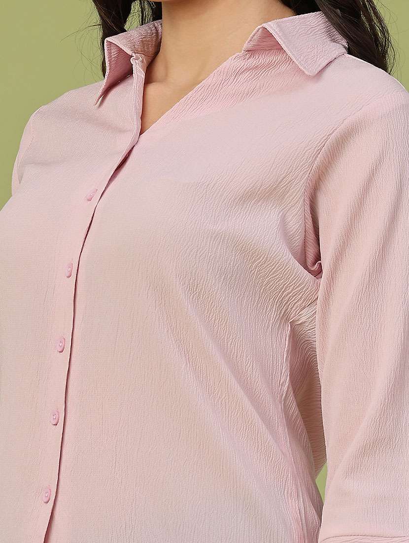 women solid collared three quarter sleeve shirt - 22250588 -  Standard Image - 1