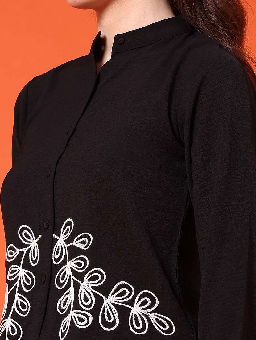 Women Black Cotton Mandarin Collar Embroidered Shirt - 22250928 -  Standard Image - 1