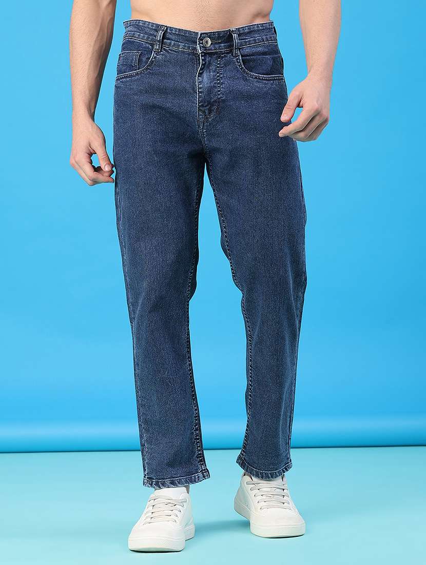 men plain mid rise full length straight fit jeans