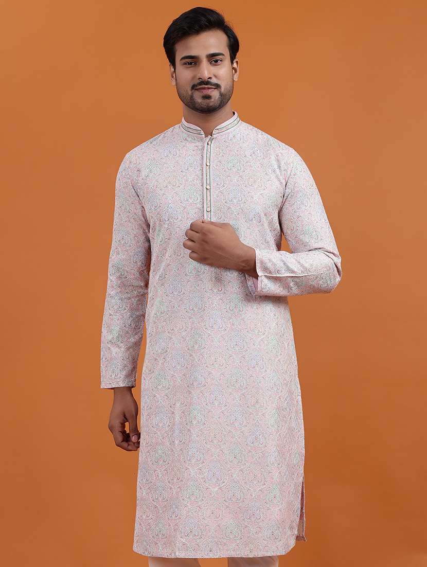 men printed mandarin neck long kurta - 22251978 -  Standard Image - 4