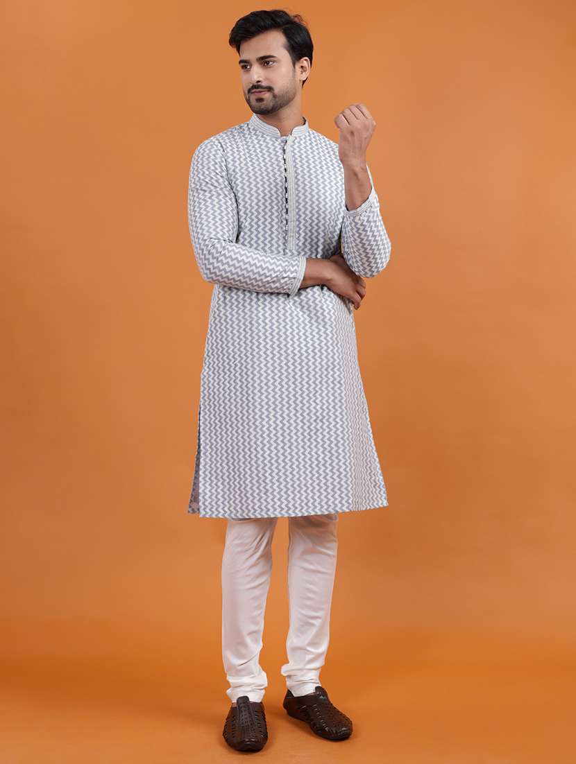 men chevron mandarin neck long kurta - 22251981 -  Standard Image - 1