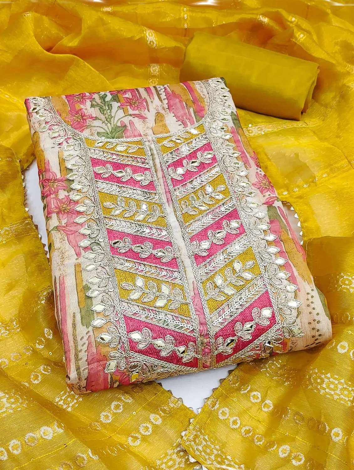 women printed embroidered unstitched suit set - 22253105 -  Standard Image - 1