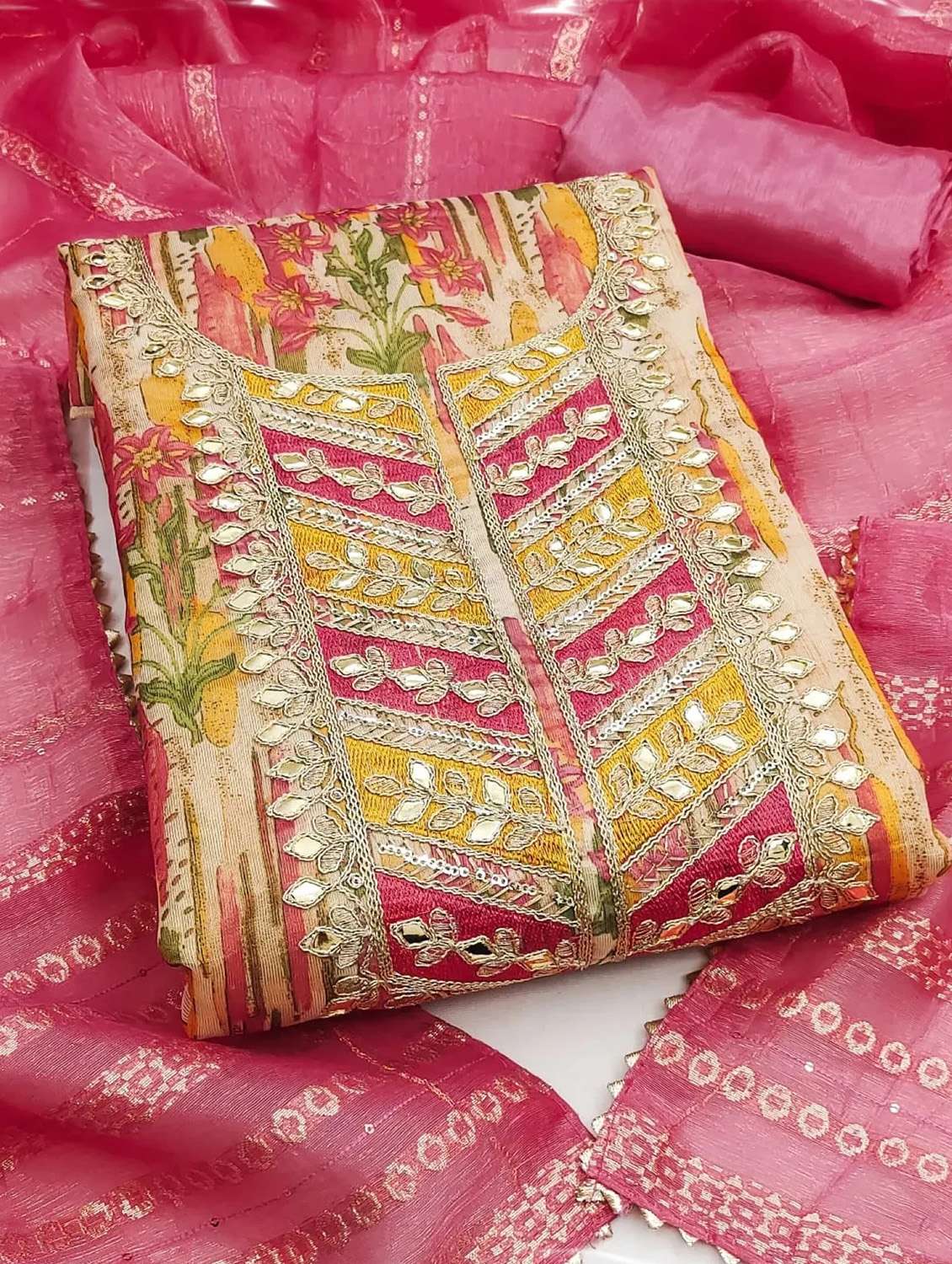 women printed embroidered unstitched suit set - 22253106 -  Standard Image - 1