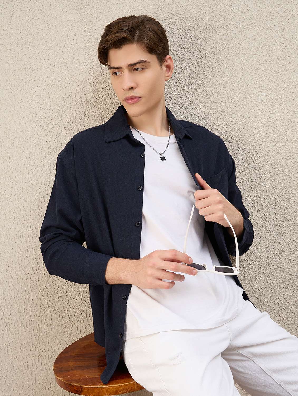men solid long sleeve oversized casual shirt