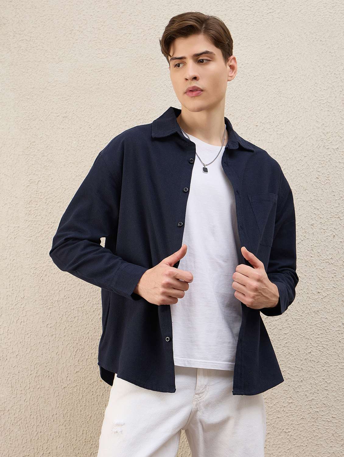 men solid long sleeve oversized casual shirt - 22253288 -  Standard Image - 1