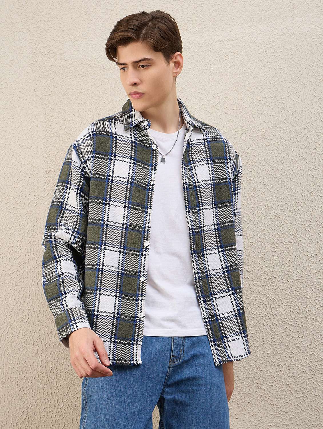 men checkered long sleeve oversized shacket - 22253290 -  Standard Image - 1
