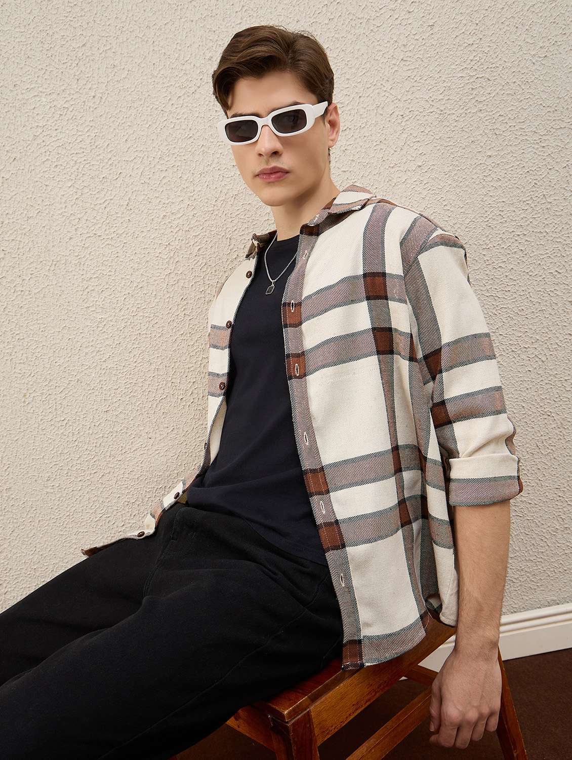 men checkered long sleeve oversized shacket