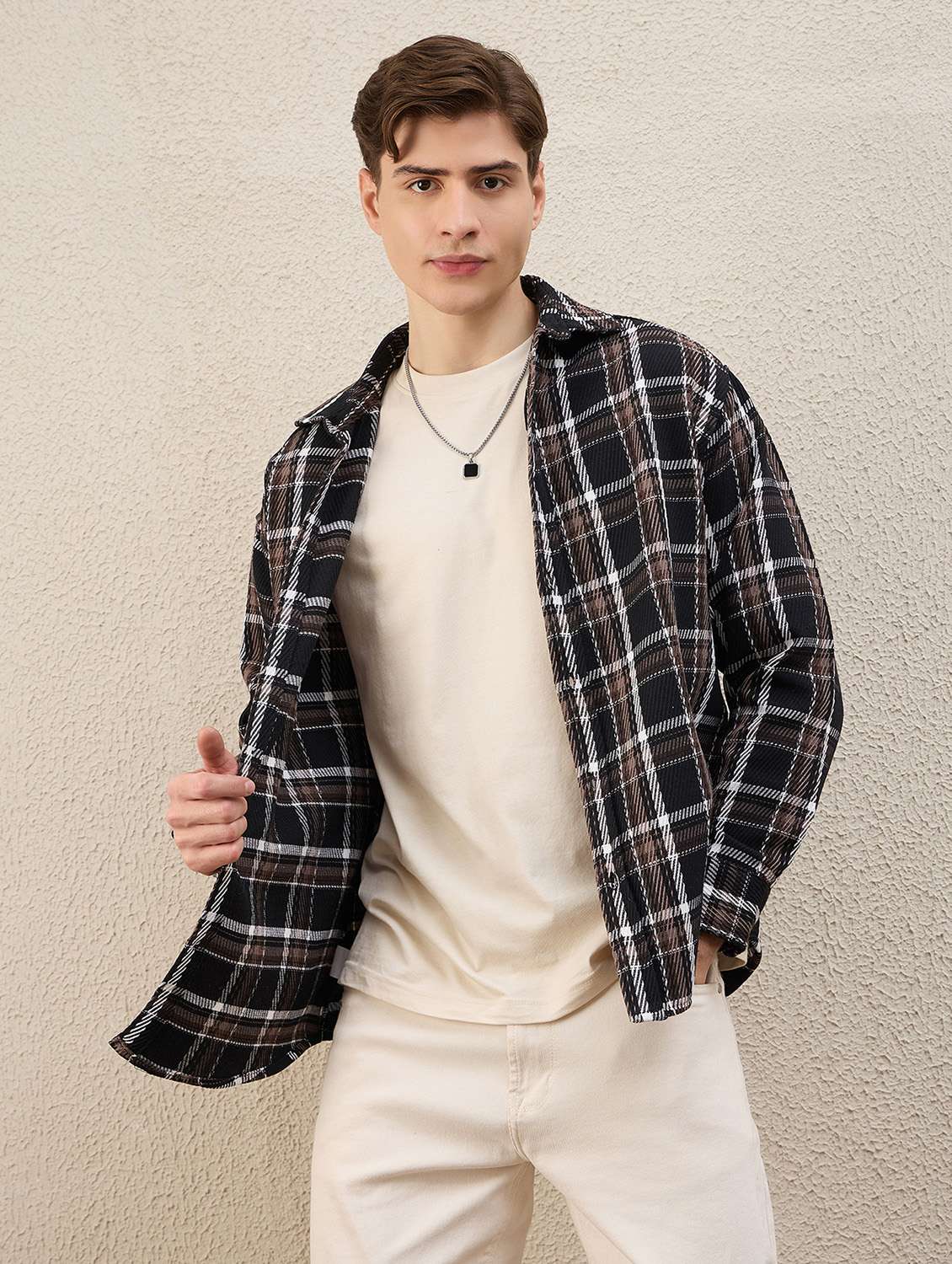 men checkered long sleeve oversized shacket - 22253293 -  Standard Image - 1