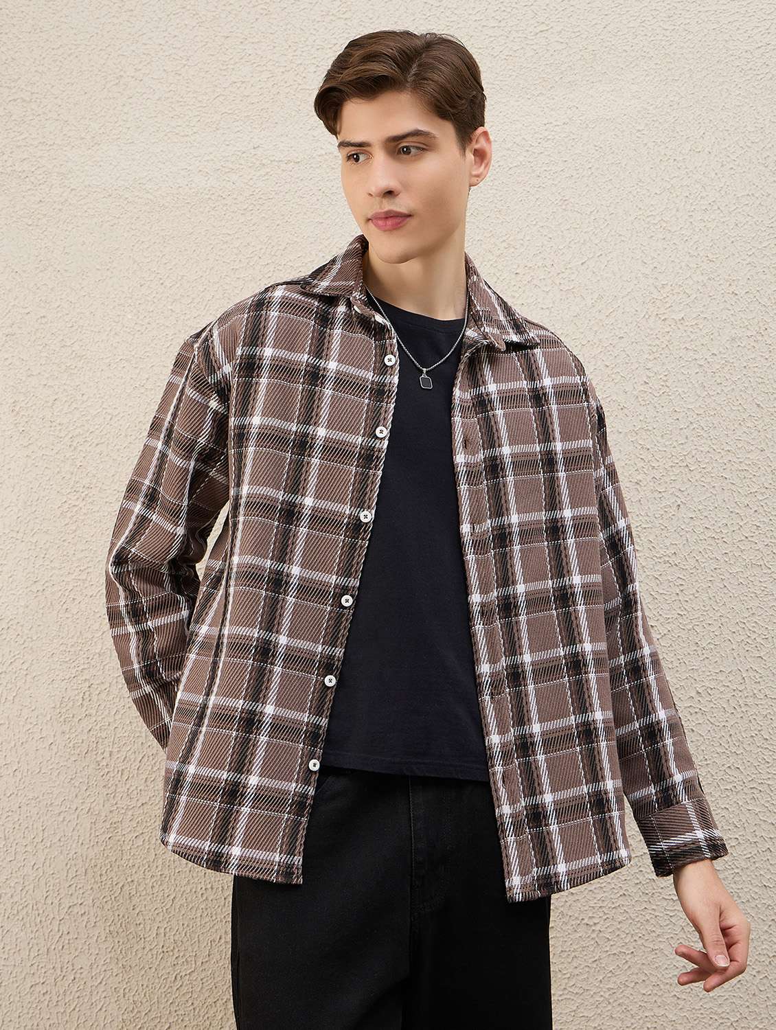 men checkered long sleeve oversized shacket - 22253294 -  Standard Image - 1