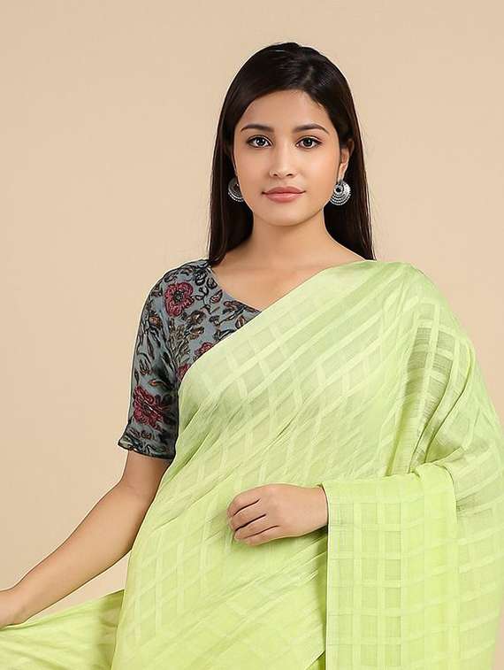 women checkered plain saree with blouse - 22253533 -  Standard Image - 1