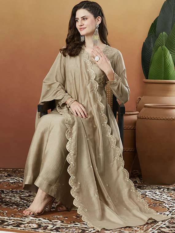 women solid with work long sleeve kurta pant with dupatta set - 22253559 -  Standard Image - 1