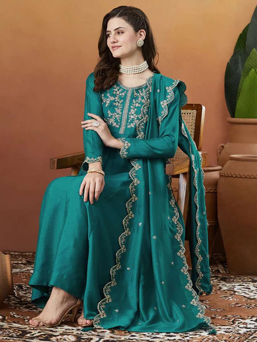 women solid with work long sleeve kurta pant with dupatta set - 22253561 -  Standard Image - 1