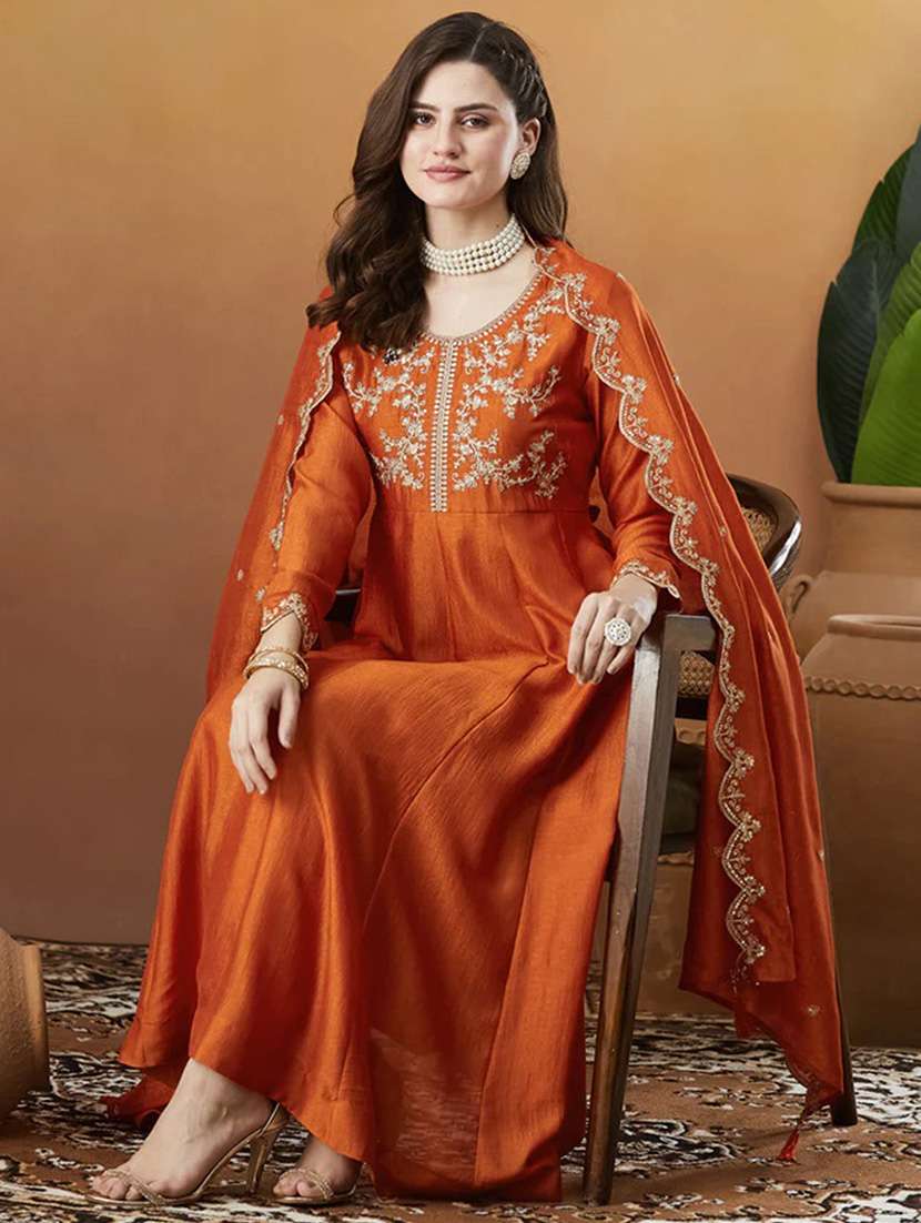 women solid with work long sleeve kurta pant with dupatta set - 22253562 -  Standard Image - 1