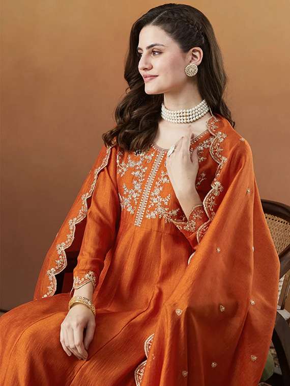 women solid with work long sleeve kurta pant with dupatta set - 22253562 -  Standard Image - 4