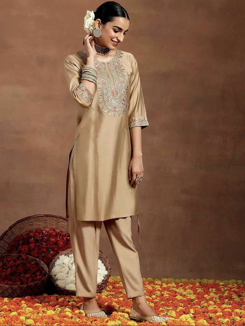 women solid with work three quarter sleeve kurta pant with dupatta set - 22253564 -  Standard Image - 1