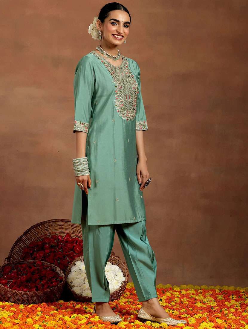 women solid with work three quarter sleeve kurta pant with dupatta set - 22253565 -  Standard Image - 1