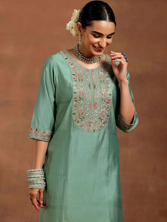 women solid with work three quarter sleeve kurta pant with dupatta set - 22253565 -  Standard Image - 4