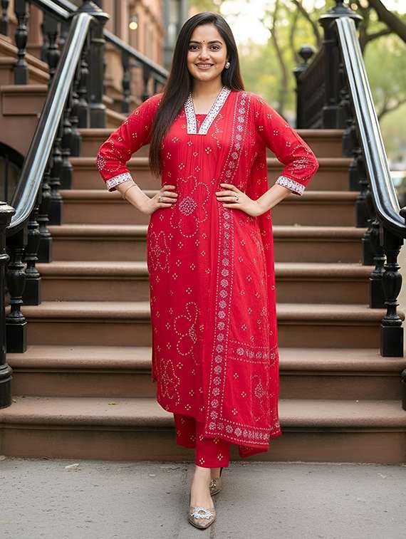 women printed three quarter sleeve kurta pant with dupatta set - 22253567 -  Standard Image - 1