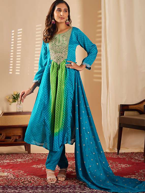 women bandhani three quarter sleeve kurta pant with dupatta set - 22253569 -  Standard Image - 1