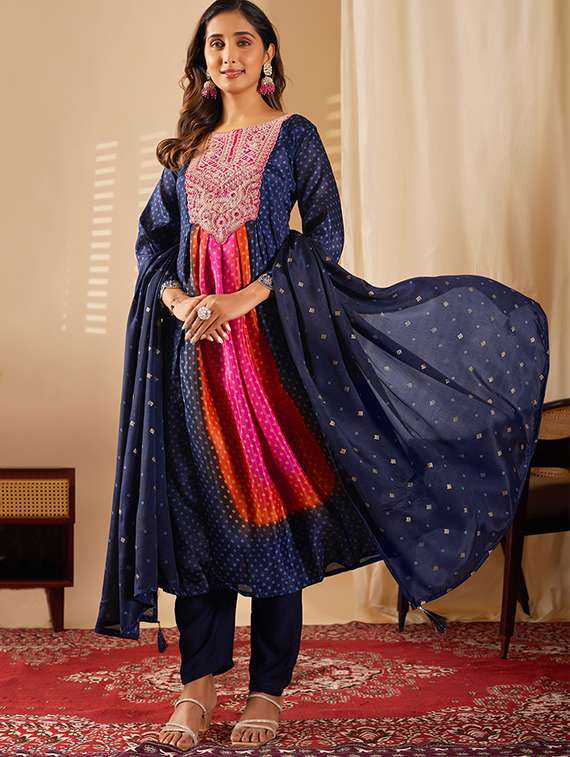 women bandhani three quarter sleeve kurta pant with dupatta set - 22253570 -  Standard Image - 1