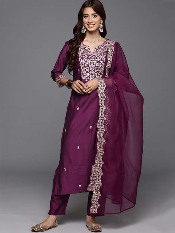 women solid with work three quarter sleeve kurta pant with dupatta set - 22253577 -  Standard Image - 1