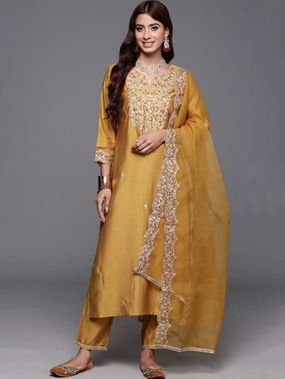 women solid with work three quarter sleeve kurta pant with dupatta set - 22253579 -  Standard Image - 1