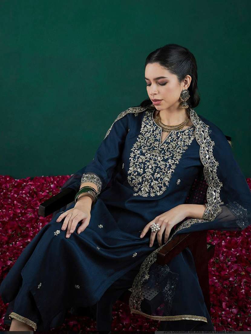 women solid with work three quarter sleeve kurta pant with dupatta set - 22253580 -  Standard Image - 1