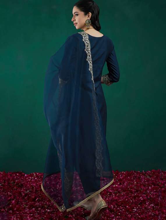 women solid with work three quarter sleeve kurta pant with dupatta set - 22253580 -  Standard Image - 1