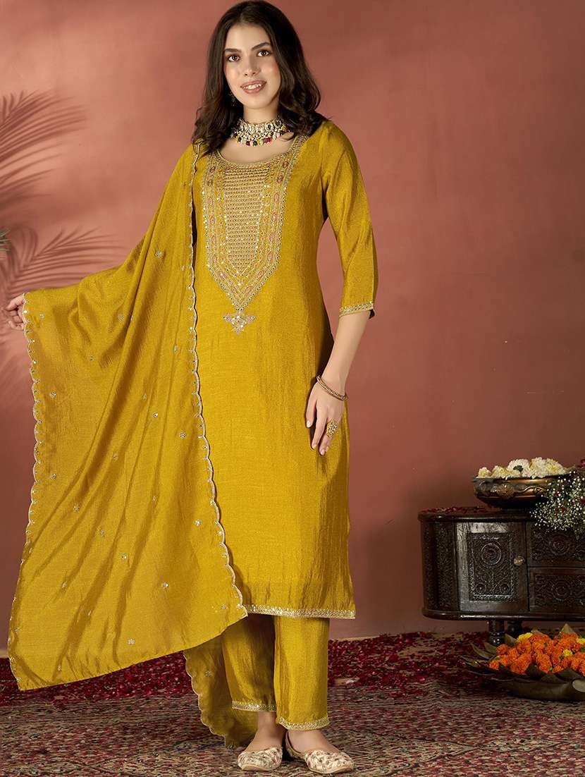 women solid with work three quarter sleeve kurta pant with dupatta set - 22253584 -  Standard Image - 1