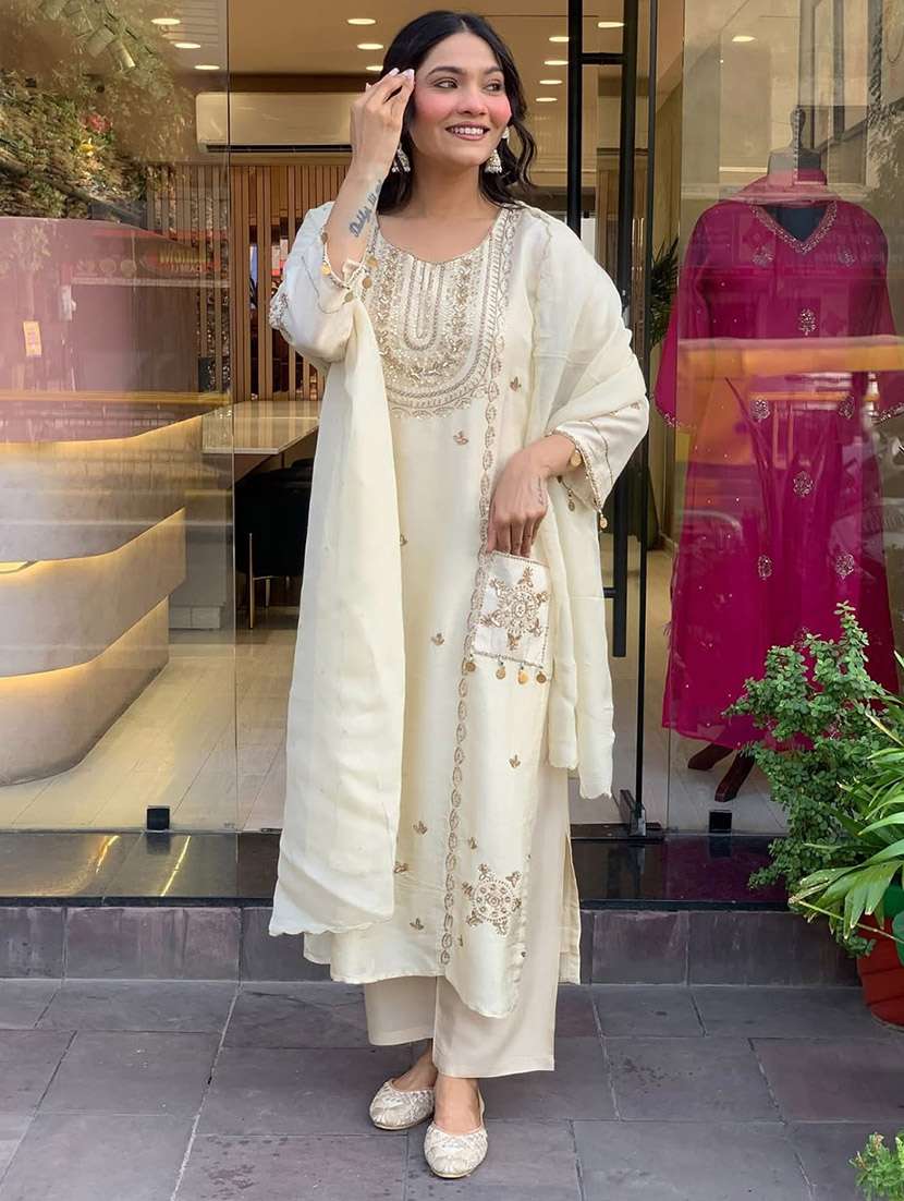 women solid with work three quarter sleeve kurta pant with dupatta set - 22253586 -  Standard Image - 1