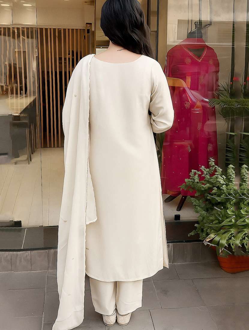 women solid with work three quarter sleeve kurta pant with dupatta set - 22253586 -  Standard Image - 4