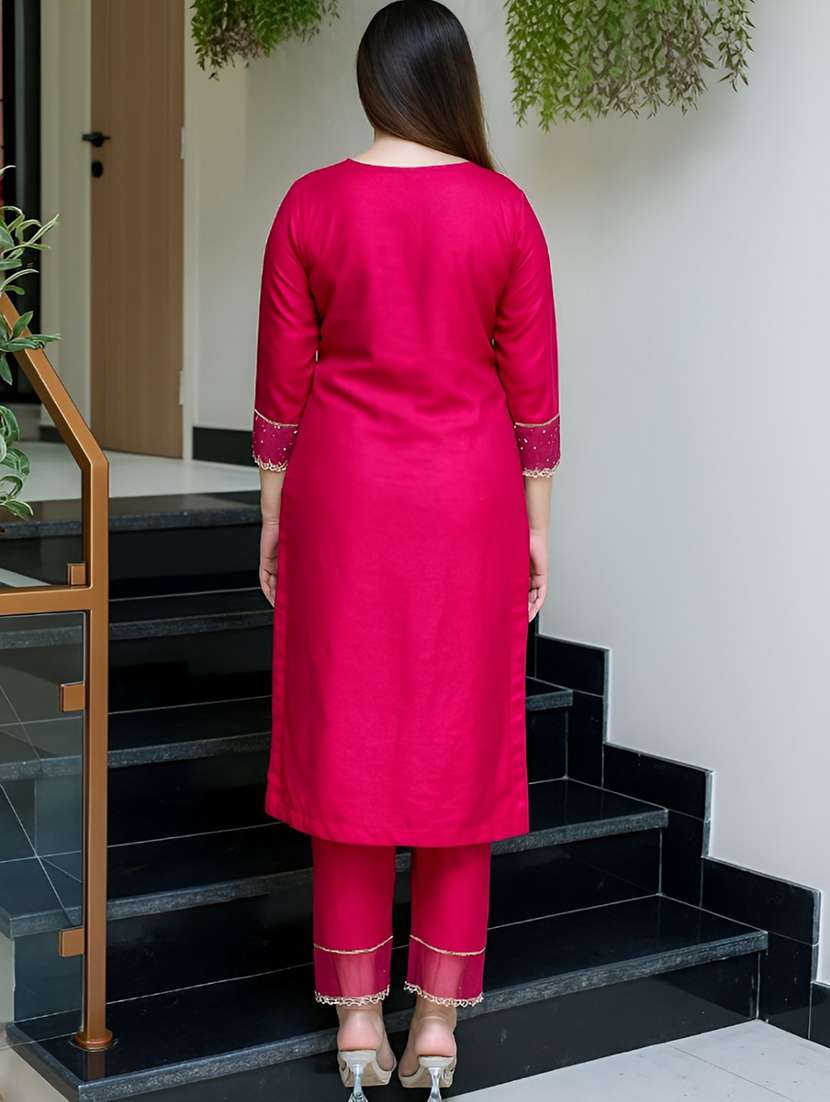 women solid with work three quarter sleeve kurta pant with dupatta set - 22253593 -  Standard Image - 1